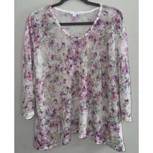 J Jill linen Blend Sweater Womens Floral V Neck 3/4 Sleeve Boho Cottagecore XL